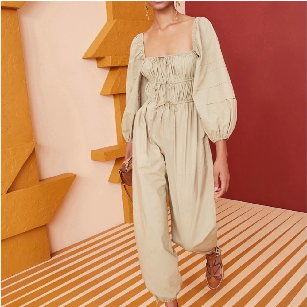 Worn 1x Ulla Johnson Amalie jumpsuit dune tan green khaki with balloon sleeves 0
